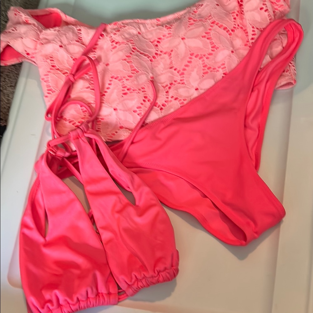 Pink Lace Crop Top and Bikini Set